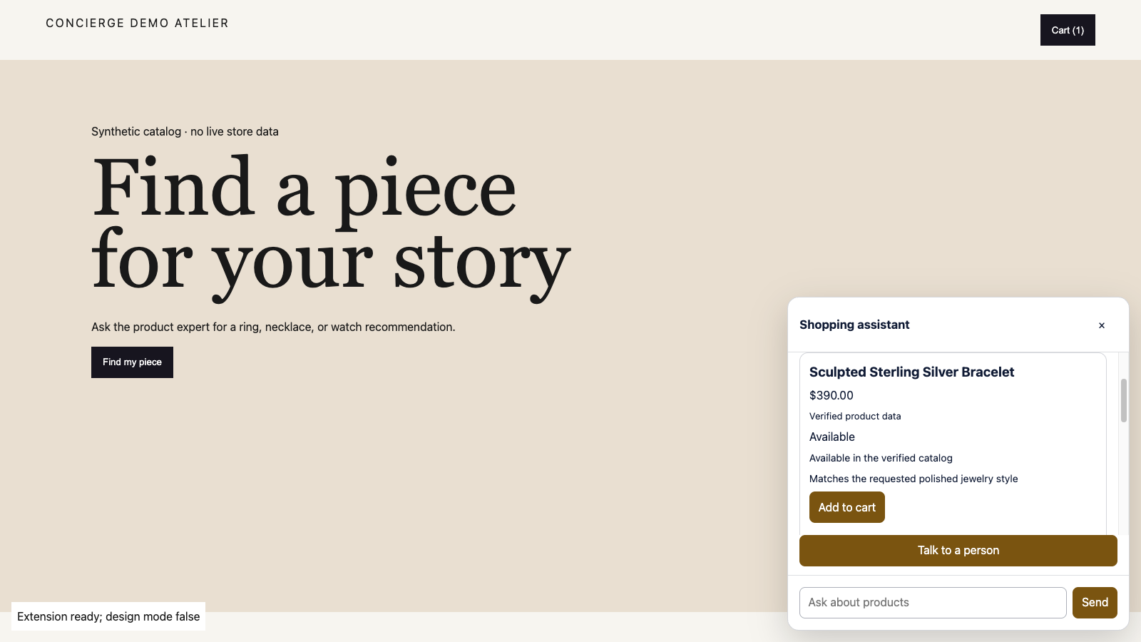 Verity product recommendation screen showing a shopper question and grounded product suggestions.