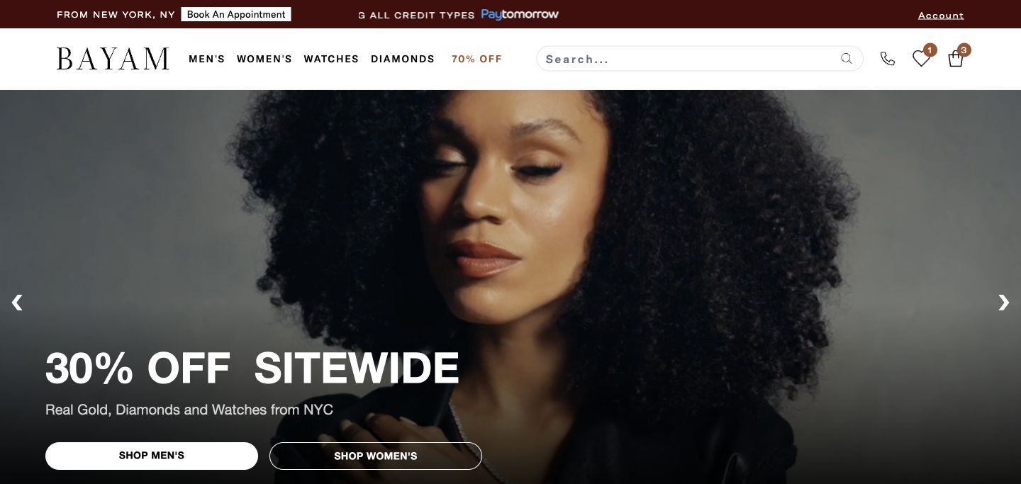 Bayam Jewelry Shopify Hydrogen storefront showing jewelry and watch products.